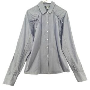 Lewit Size Medium Button Front Blouse Shirt Blue White Stripes Ties at Shoulders